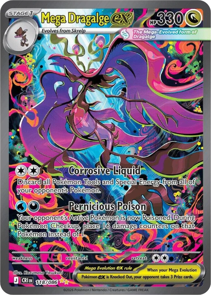 Chaos Rising Mega Dragalge ex special illustration rare card number 118 over 086 showing full art sea scene