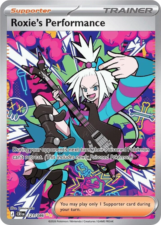 Chaos Rising Roxie's Performance special illustration rare card number 121 over 086 showing gym leader concert scene